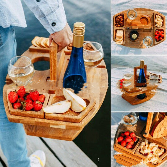 Portable Wine & Picnic Tray — Outdoor Wine Board with Bottle & Glass Holders