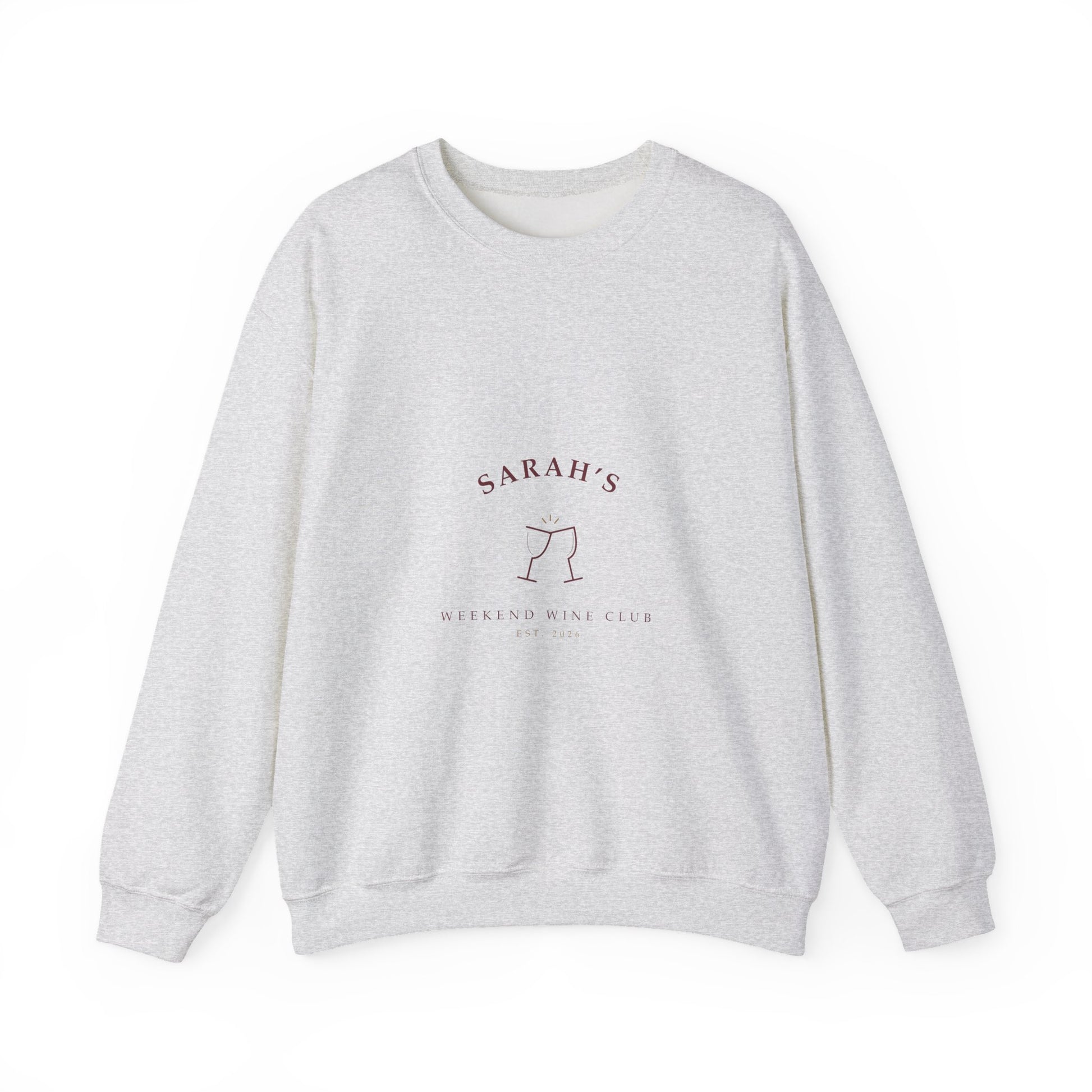 Ash grey crewneck sweatshirt printed with wine-colored hand-lettered Weekend Wine Club artwork personalized with a name and year