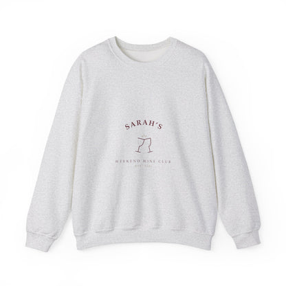 Ash grey crewneck sweatshirt printed with wine-colored hand-lettered Weekend Wine Club artwork personalized with a name and year