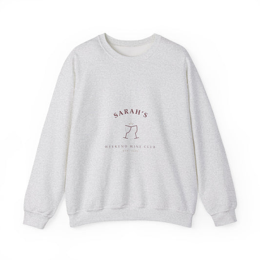 Ash grey crewneck sweatshirt printed with wine-colored hand-lettered Weekend Wine Club artwork personalized with a name and year