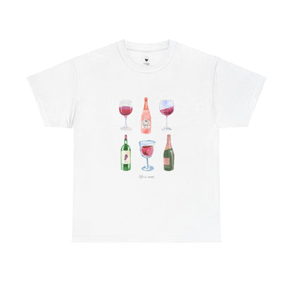 Life is Sweet watercolor wine glasses and bottles design on a premium cotton tee