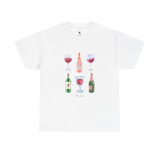 Life is Sweet watercolor wine glasses and bottles design on a premium cotton tee