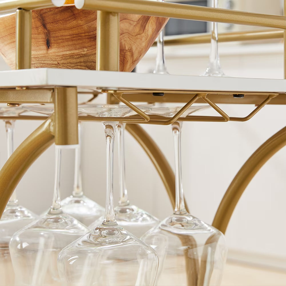 2-Tier Gold Bar Cart with Wine Rack & Glass Holder