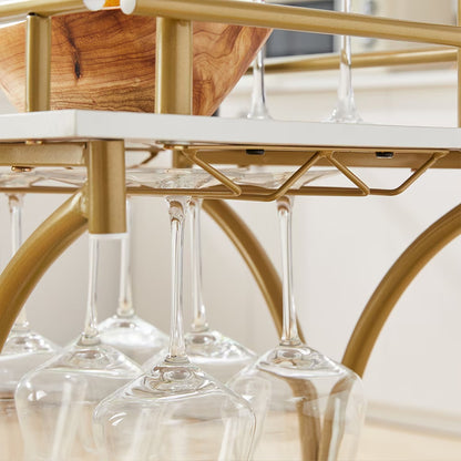 2-Tier Gold Bar Cart with Wine Rack & Glass Holder