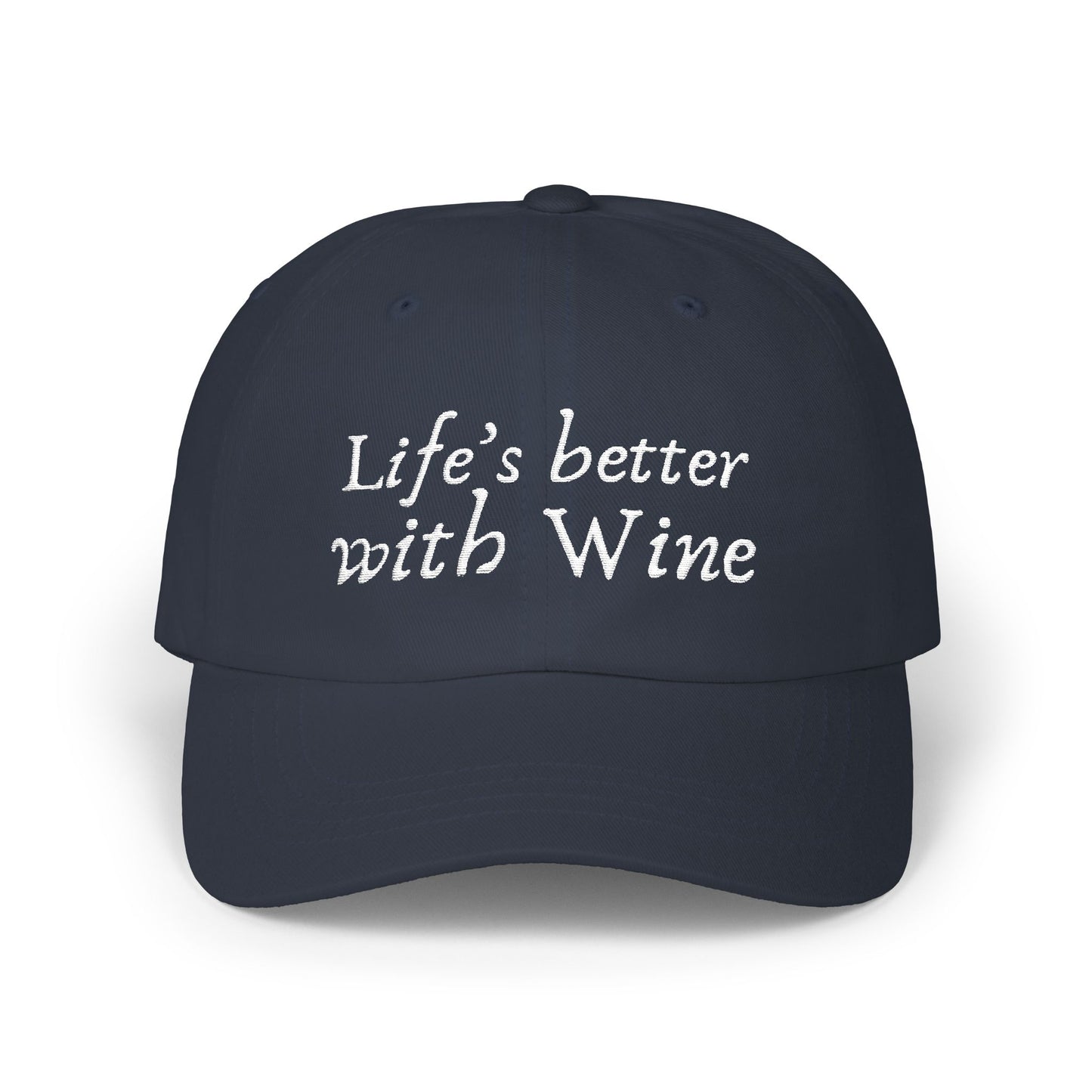 Life's Better with Wine design on a navy cotton classic cap with precurved visor
