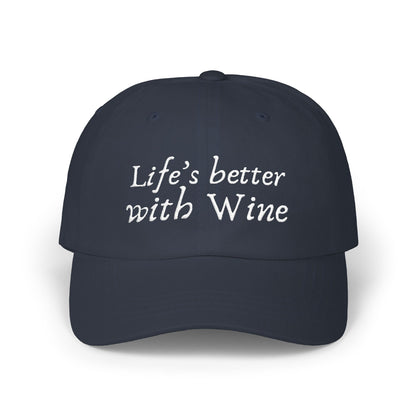 Life's Better with Wine design on a navy cotton classic cap with precurved visor