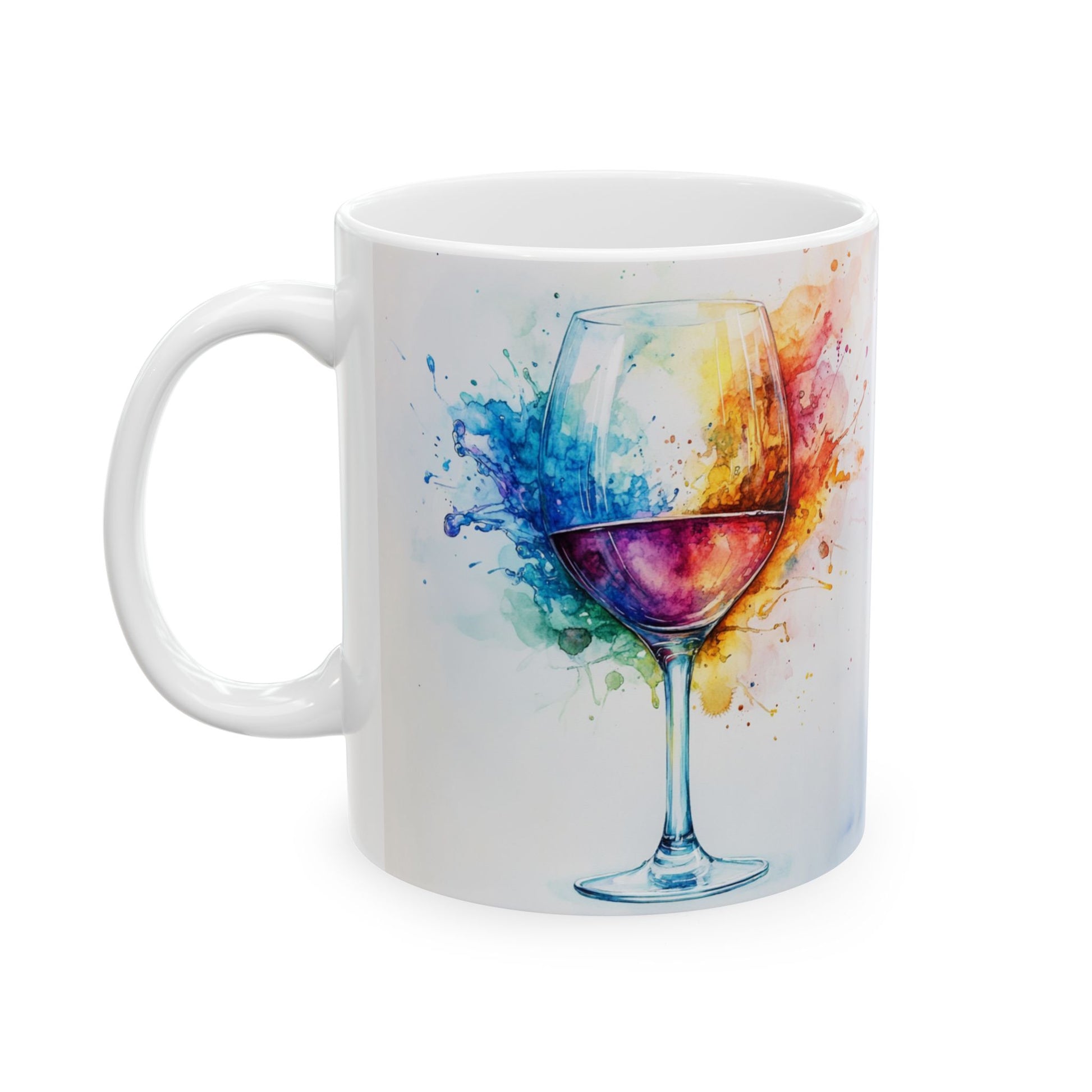 Watercolor splash artwork in wine tones printed on a white ceramic mug