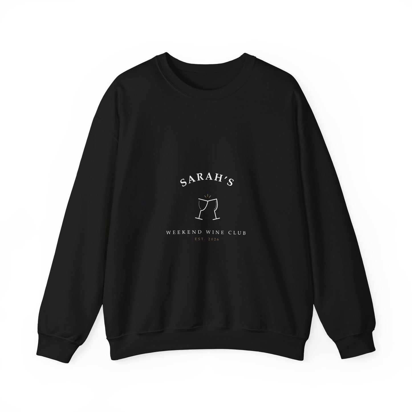 Black crewneck sweatshirt printed with cream hand-lettered Weekend Wine Club artwork personalized with a name and year