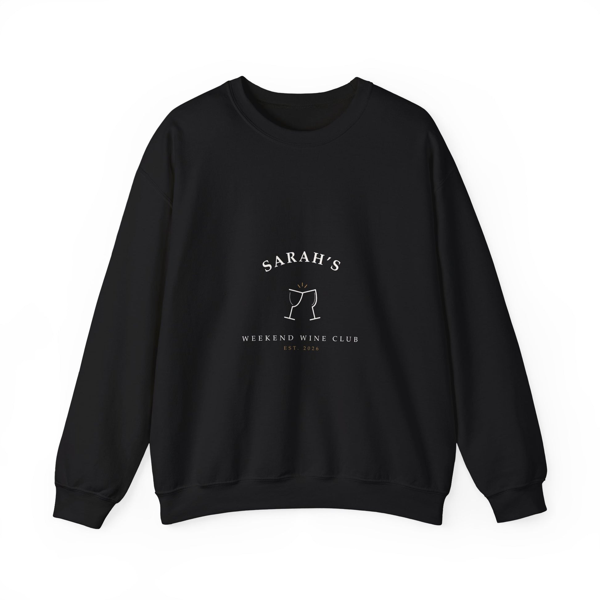 Black crewneck sweatshirt printed with cream hand-lettered Weekend Wine Club artwork personalized with a name and year