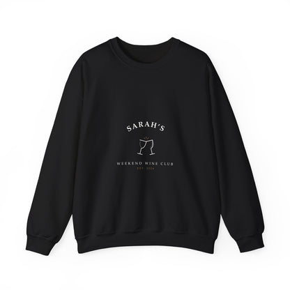 Black crewneck sweatshirt printed with cream hand-lettered Weekend Wine Club artwork personalized with a name and year