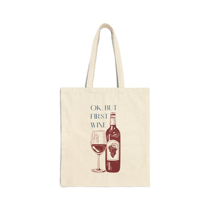 OK But First Wine quote with wine bottle and glass illustration on a natural canvas tote