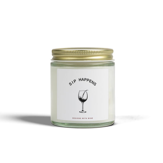 Sip Happens 4oz scented candle - clear glass jar, gold lid, wine glass label, front view