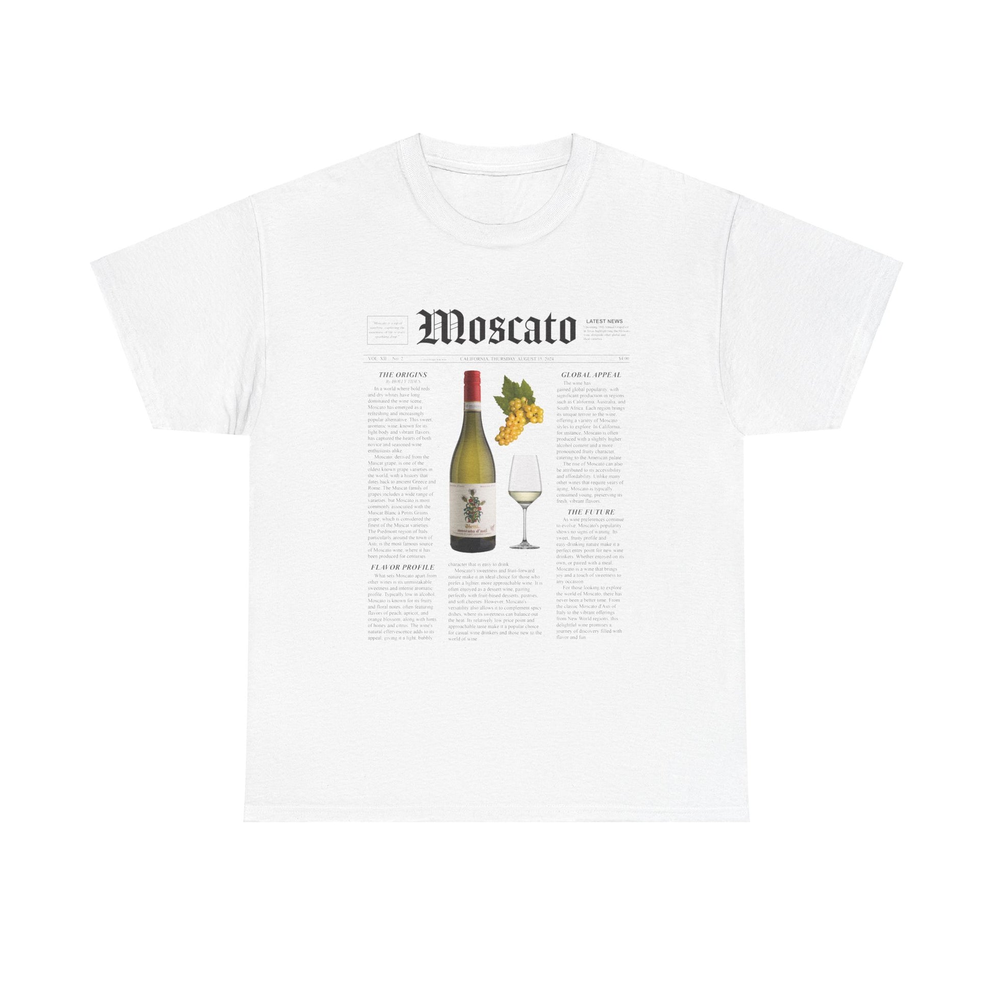 Moscato News newspaper article layout design printed on a classic tee
