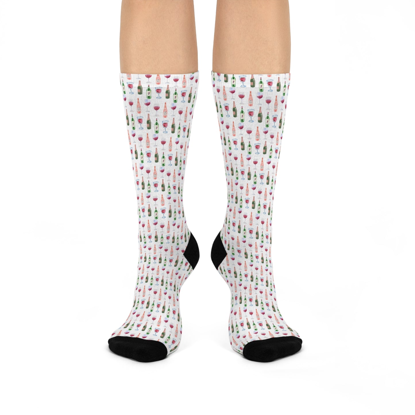 Life is Sweet watercolor wine bottle and glass pattern on white cushioned crew socks