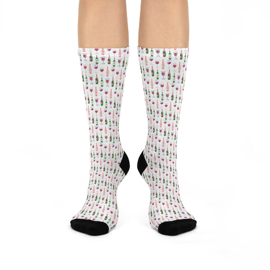 Life is Sweet watercolor wine bottle and glass pattern on white cushioned crew socks