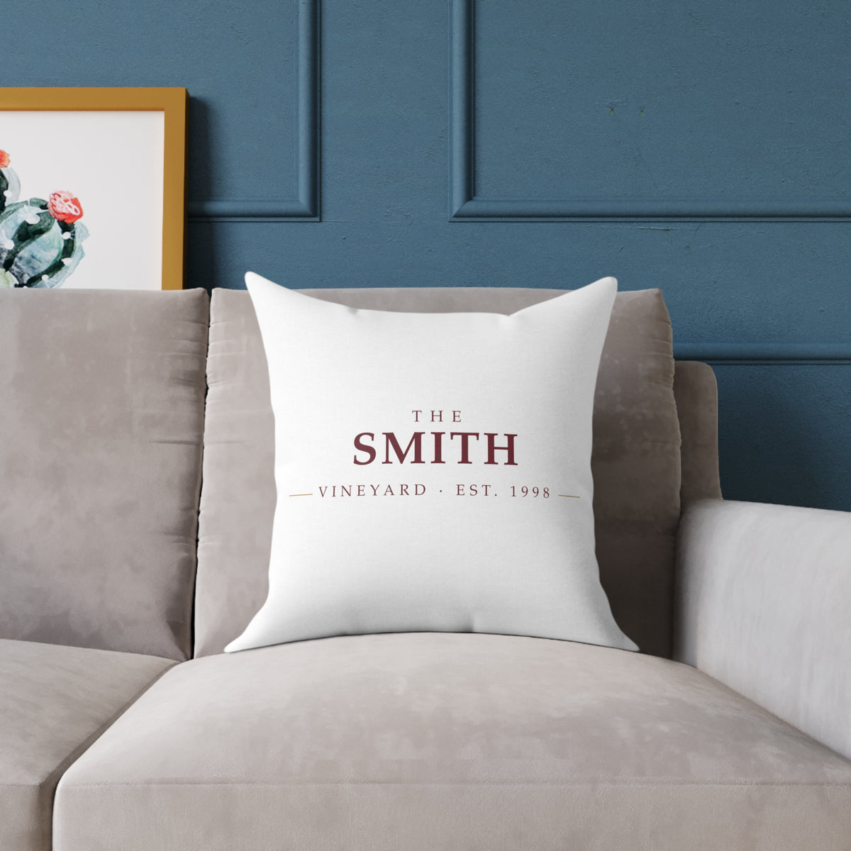 The [Your Name] Vineyard personalized throw pillow with a custom family name — lifestyle 2