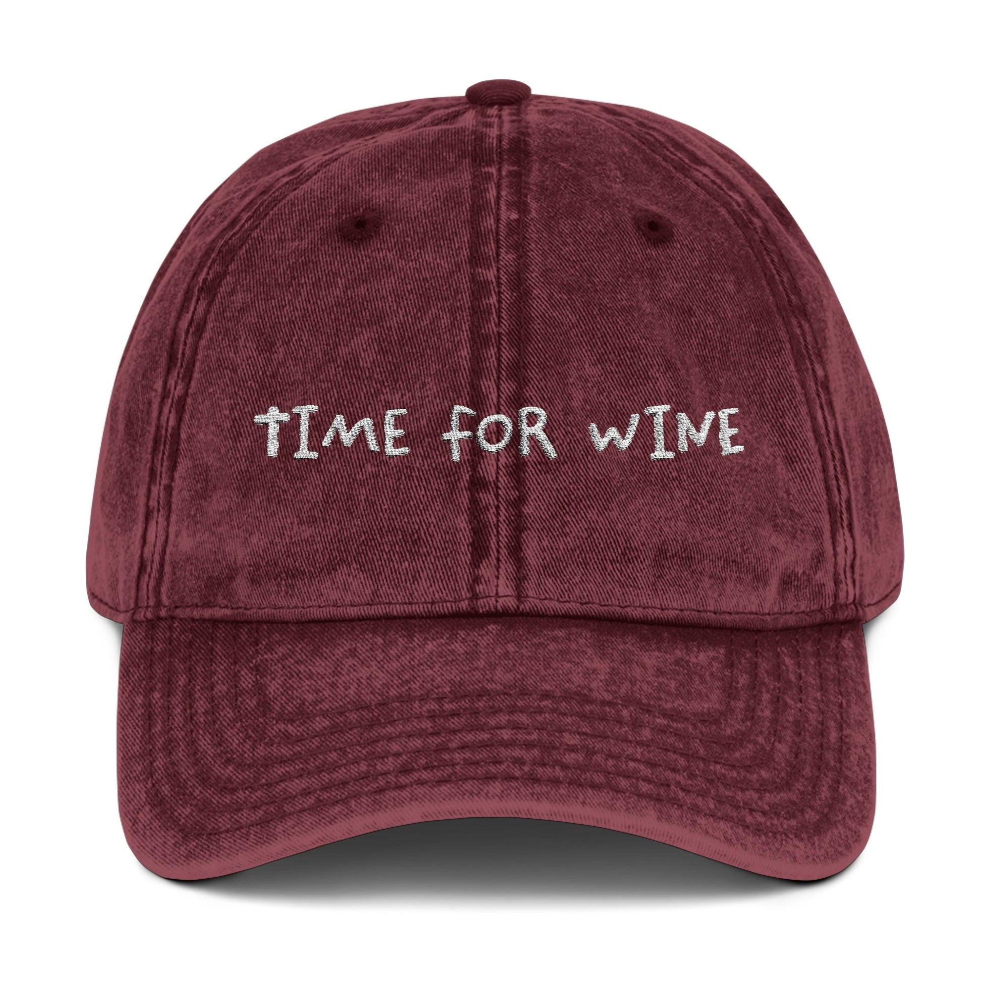 Time for Wine embroidery on a distressed vintage-style cotton twill cap