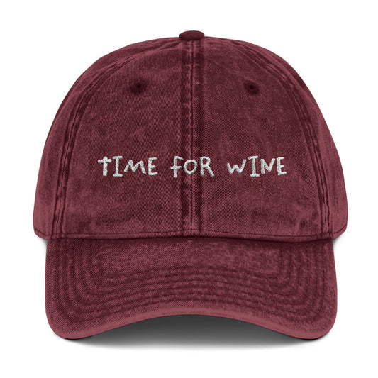 Time for Wine embroidery on a distressed vintage-style cotton twill cap