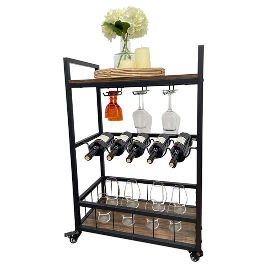3-tier rolling home bar trolley with wine-bottle rack and glass holders, black metal frame with wooden shelves