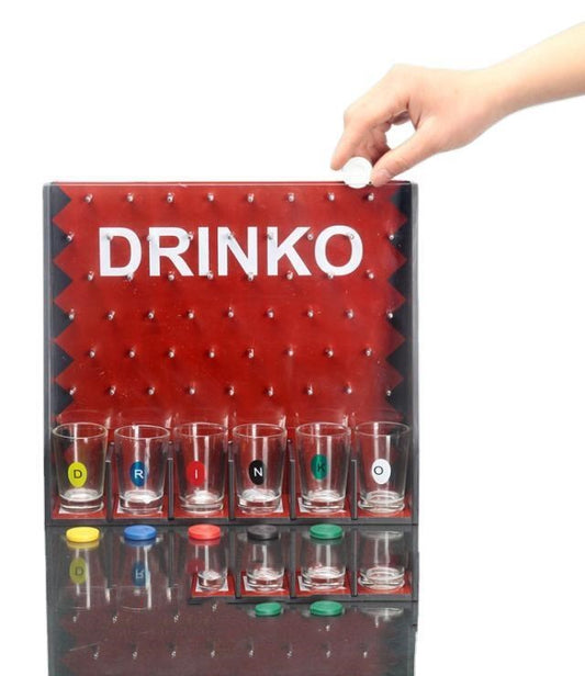 Drinko plinko style wine drinking game board with pucks and cups