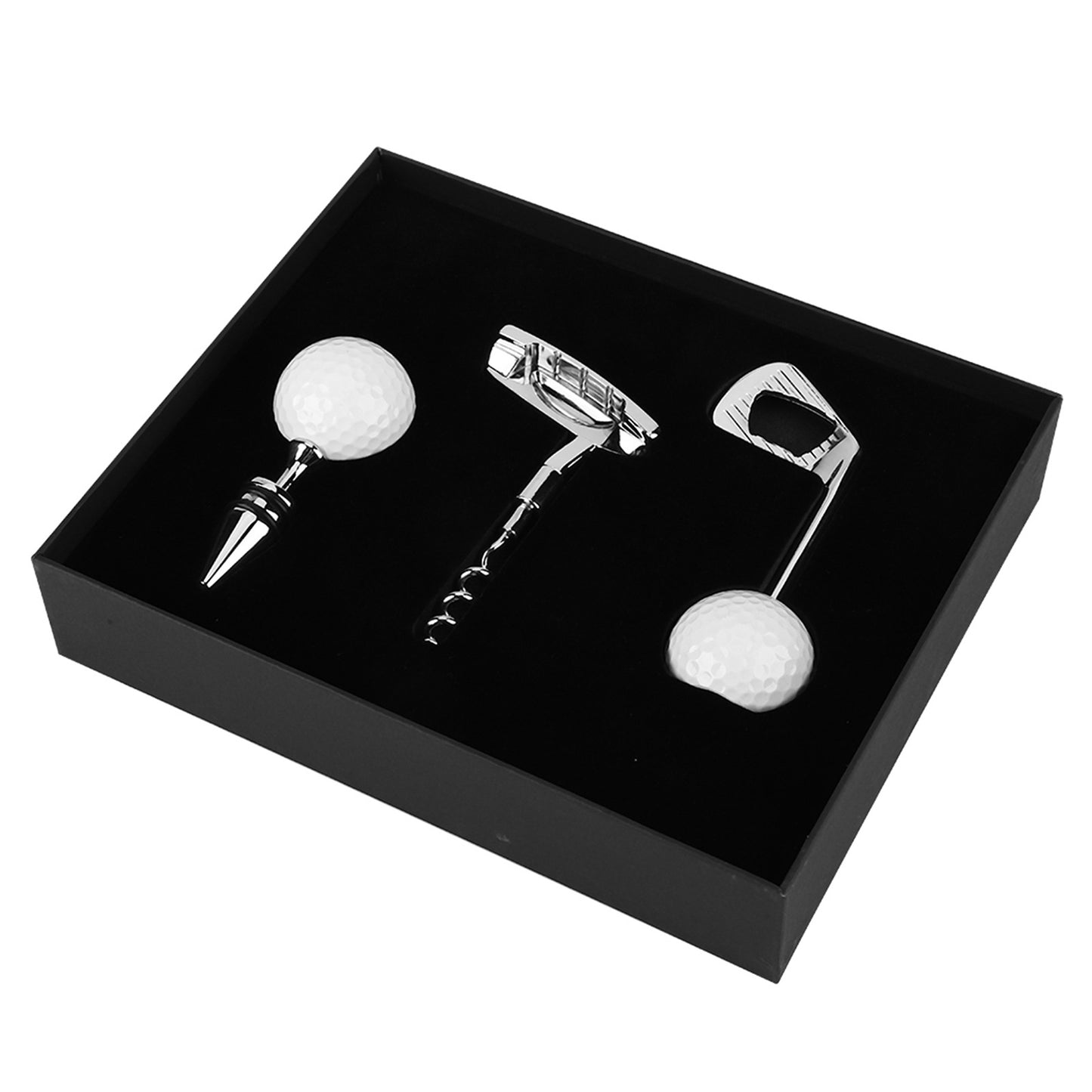 Golf club shaped corkscrew and bottle opener set in zinc alloy