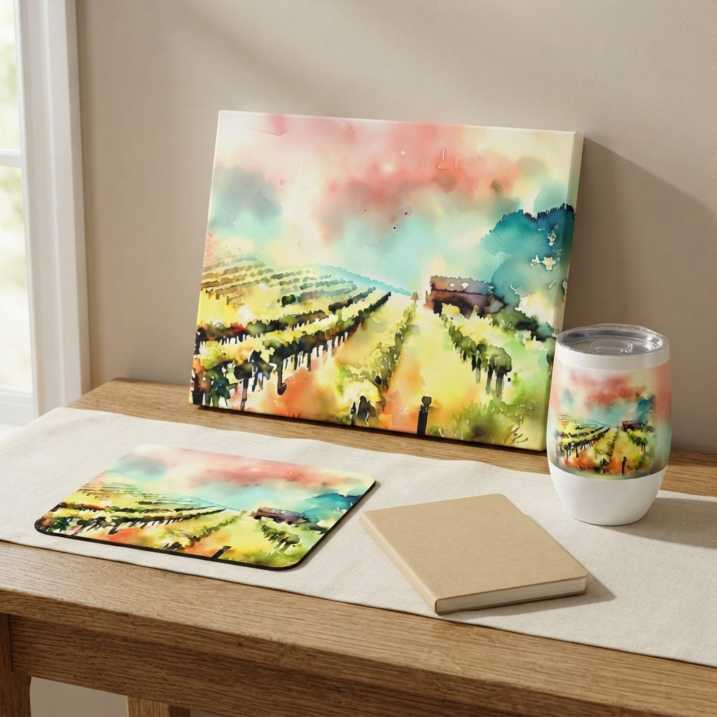 Watercolor Vineyards Set — Wine Tumbler, Canvas & Mouse Pad