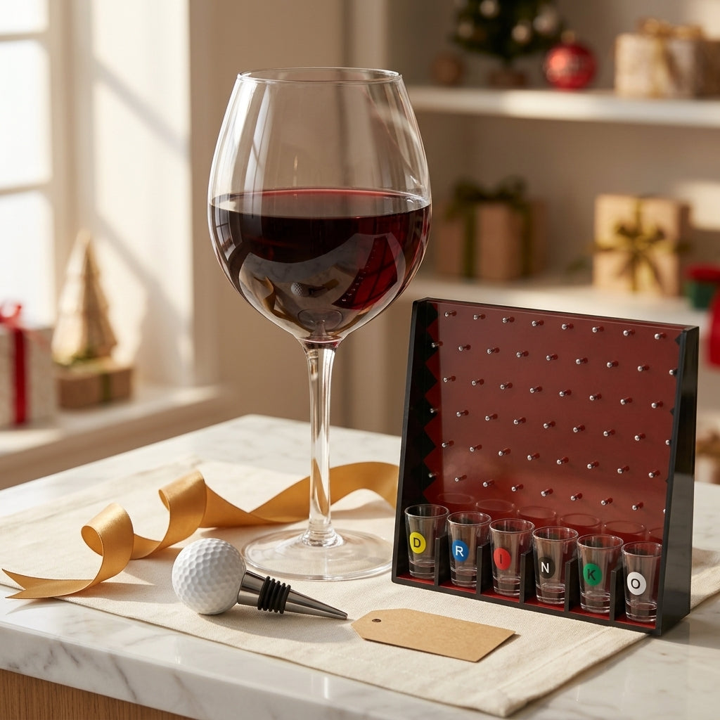White Elephant Wine Kit gift set styled together: oversized wine glass, Drinko shot game and golf ball bottle stopper