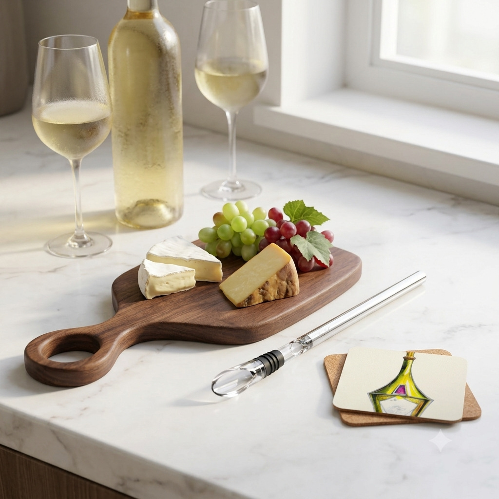 Hostess Bundle — black walnut serving board, stainless wine chill stick and cork-back coaster styled together