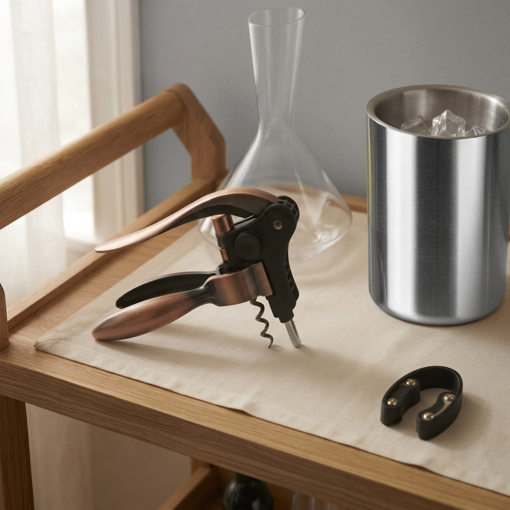 Bar Cart Basics gift set styled together — handmade crystal decanter, double-wall stainless ice bucket and rabbit lever corkscrew on an oak bar cart