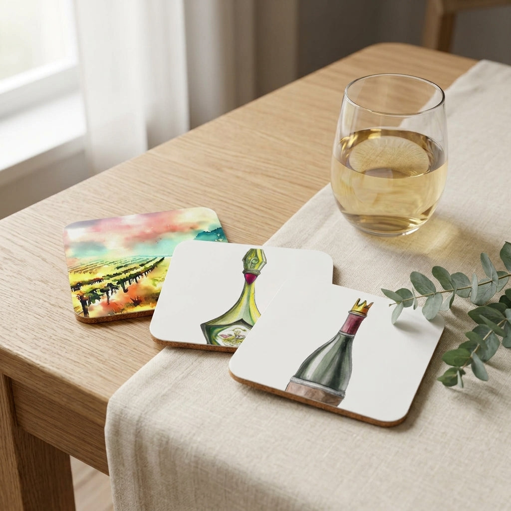 Coaster Trio — Watercolor Vineyards, Golden Decanter and Wine Bottle cork-back coasters styled together on a table