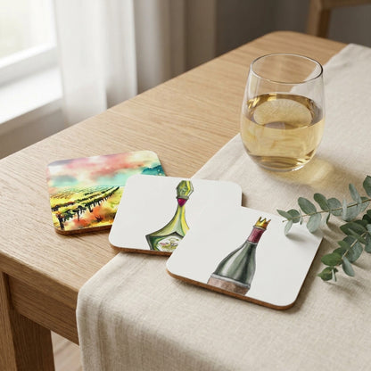 Coaster Trio — Watercolor Vineyards, Golden Decanter and Wine Bottle cork-back coasters styled together on a table