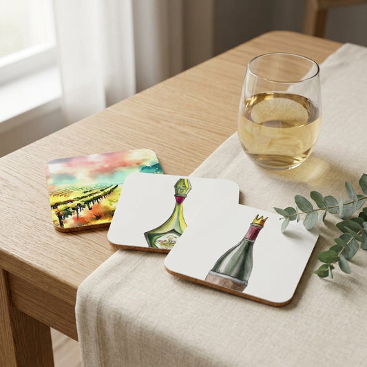 Coaster Trio — Watercolor Vineyards, Golden Decanter and Wine Bottle cork-back coasters styled together on a table