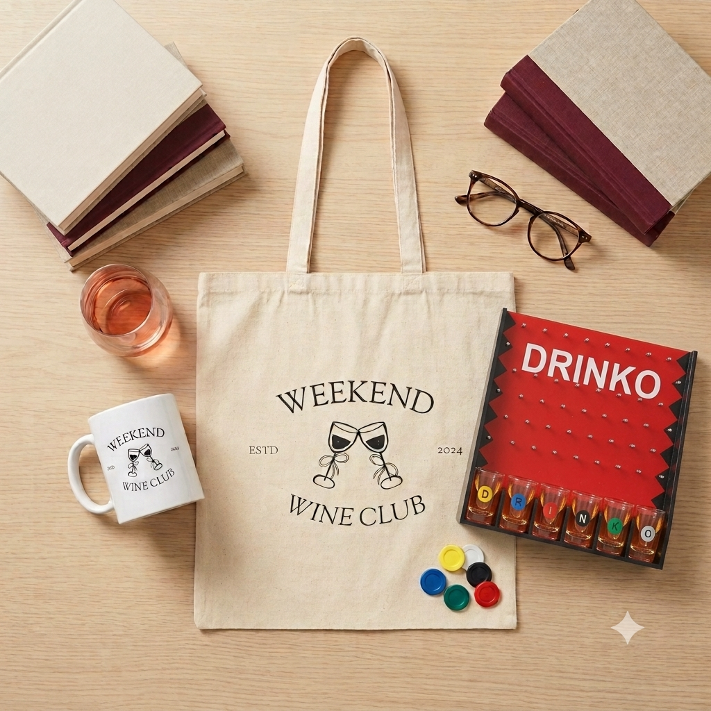 Book Club Bundle — Weekend Wine Club canvas tote, 11oz mug and Drinko wine drinking game styled together
