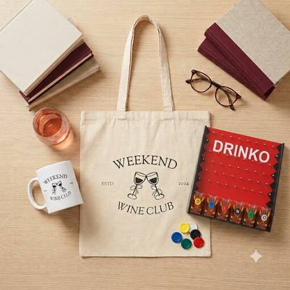 Book Club Bundle — Weekend Wine Club canvas tote, 11oz mug and Drinko wine drinking game styled together
