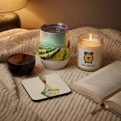 Wine Night Bundle — Watercolor Vineyards insulated tumbler, cork-back coaster and 9oz coconut-apricot candle styled together