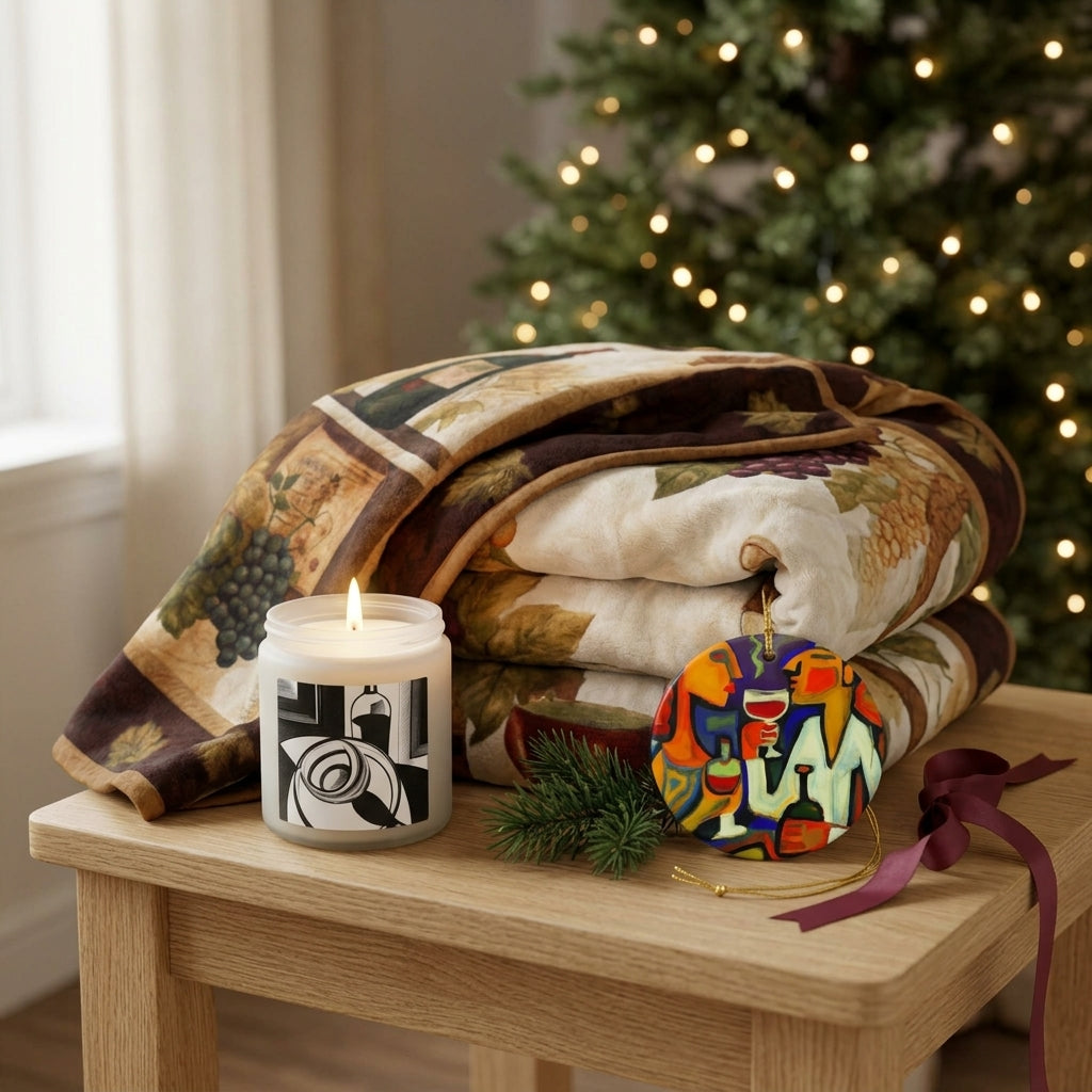 Cozy Christmas gift set styled together — Quilted Vines plush blanket, lit Abstract Noir candle and Wine Date ceramic ornament on an oak table by the tree