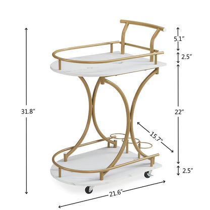 2-Tier Gold Bar Cart with Wine Rack & Glass Holder
