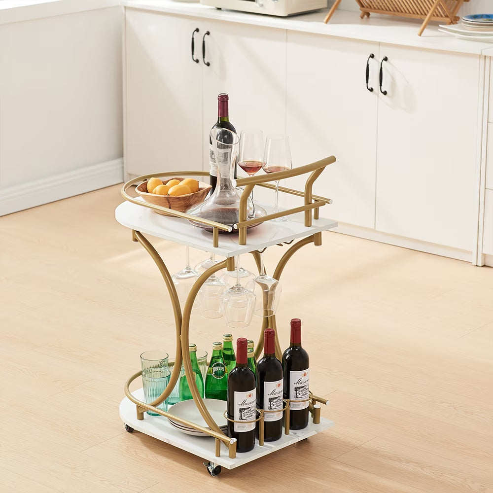 2-Tier Gold Bar Cart with Wine Rack & Glass Holder