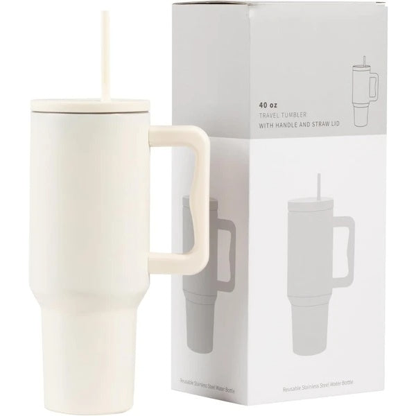 White 40oz insulated stainless steel tumbler with handle and straw