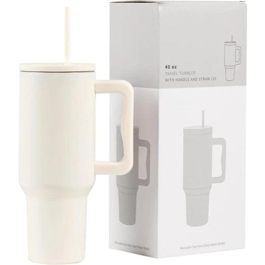 White 40oz insulated stainless steel tumbler with handle and straw