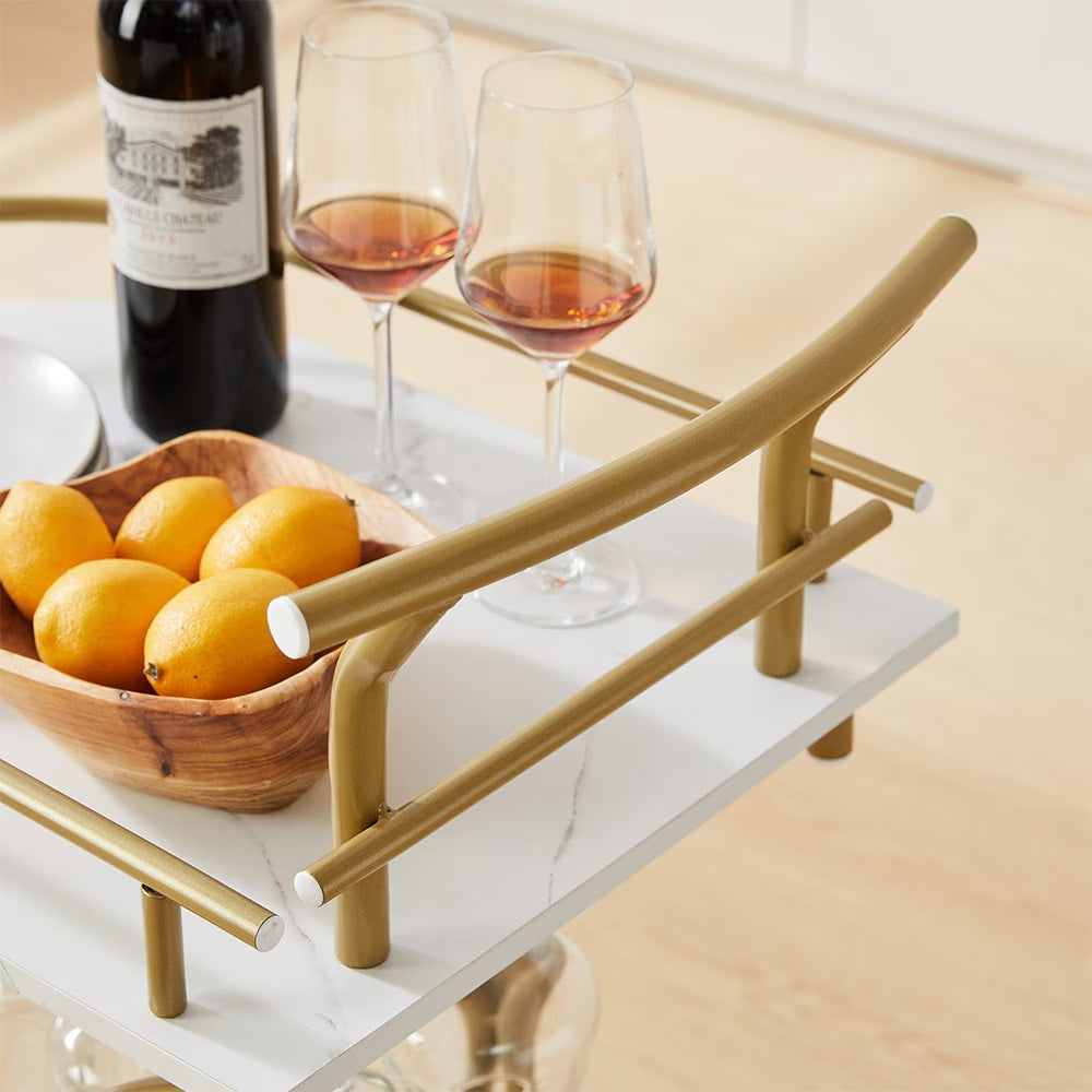2-Tier Gold Bar Cart with Wine Rack & Glass Holder