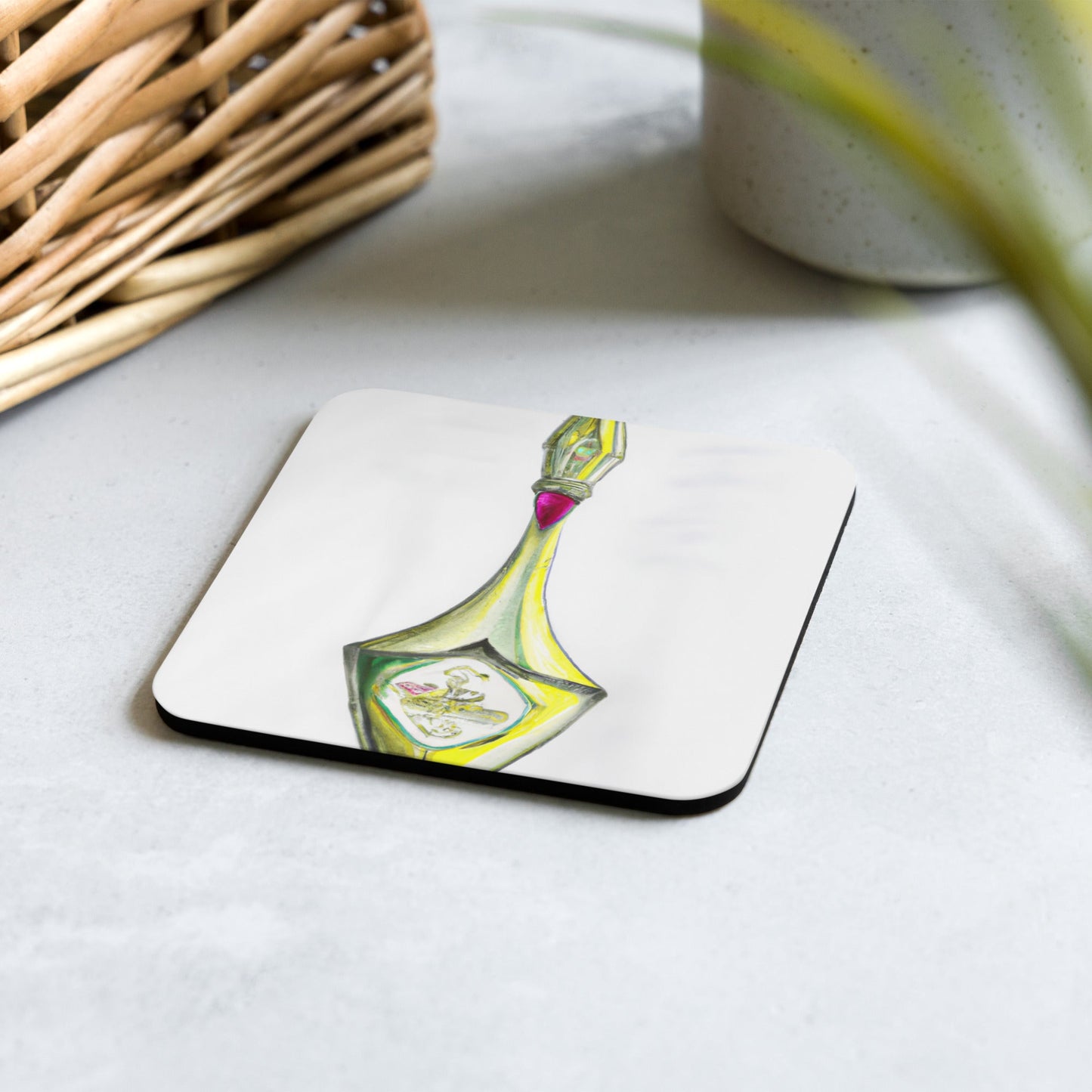 Golden Decanter cork-back coaster — original watercolor art