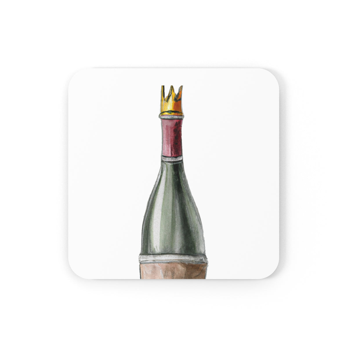 Wine Bottle cork-back coaster — watercolor crowned wine bottle, front view