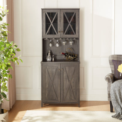 Charcoal grey farmhouse kitchen hutch cabinet with wine rack and glass doors