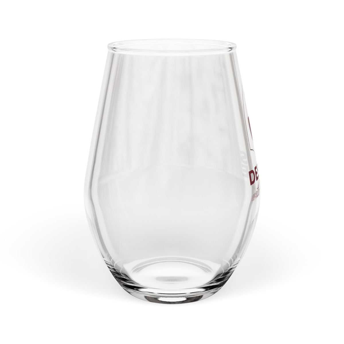 Designs With Wine stemless wine glass, Red Wine Lover edition — angled view
