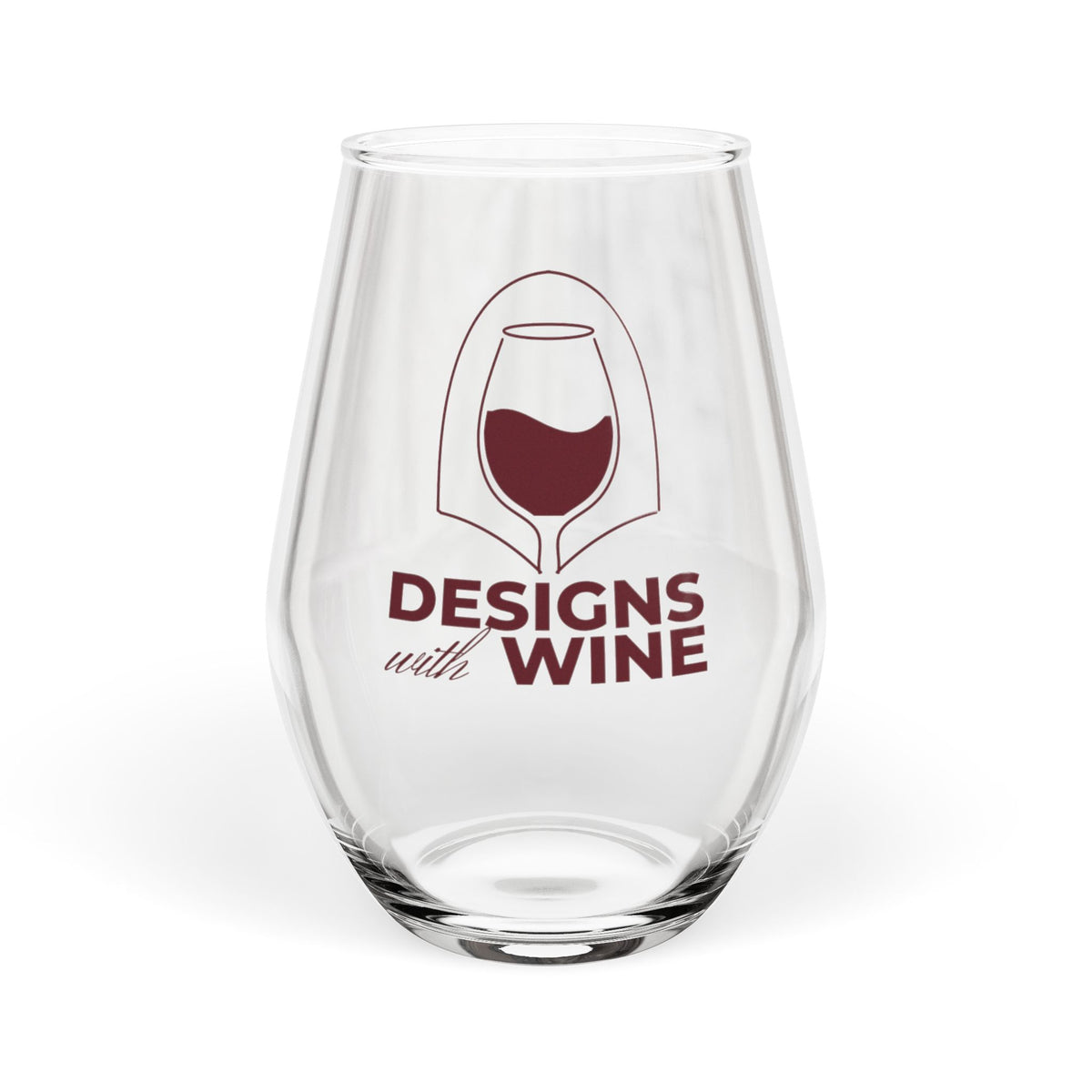 Component reference: Designs With Wine stemless glass, Red Wine Lover — arch logo in wine red, 11.75oz