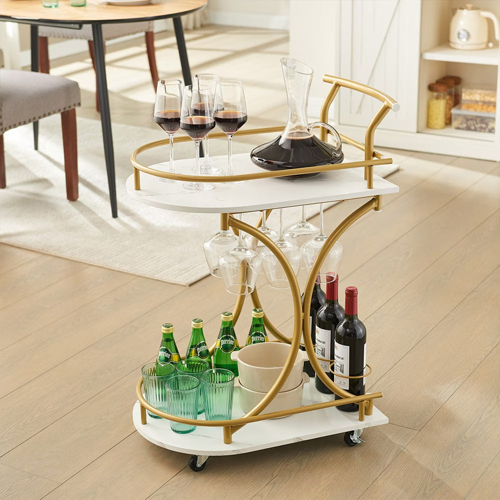 2-Tier Gold Bar Cart with Wine Rack & Glass Holder