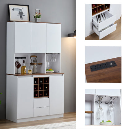 White farmhouse coffee bar cabinet with wine storage and power outlets
