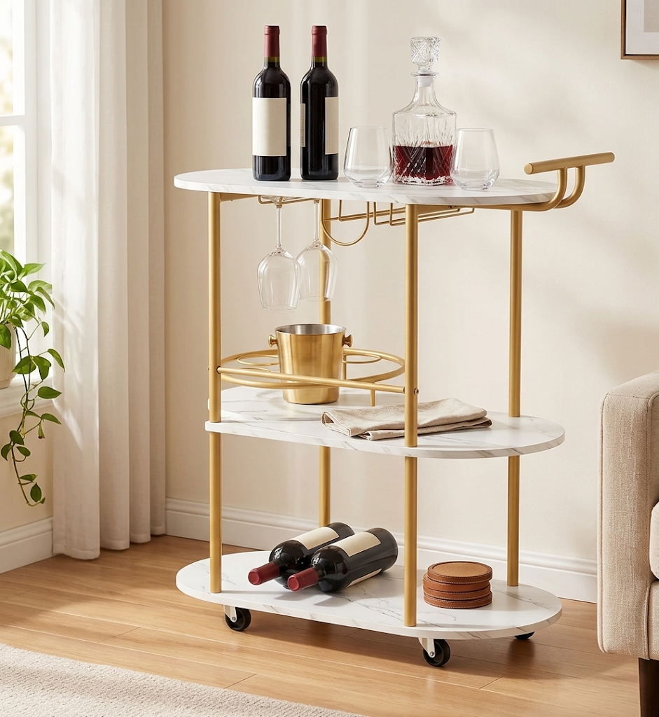 Gold three-tier bar cart with white marble-look shelves, styled with red wine bottles, a crystal decanter, hanging stemware and a gold ice bucket