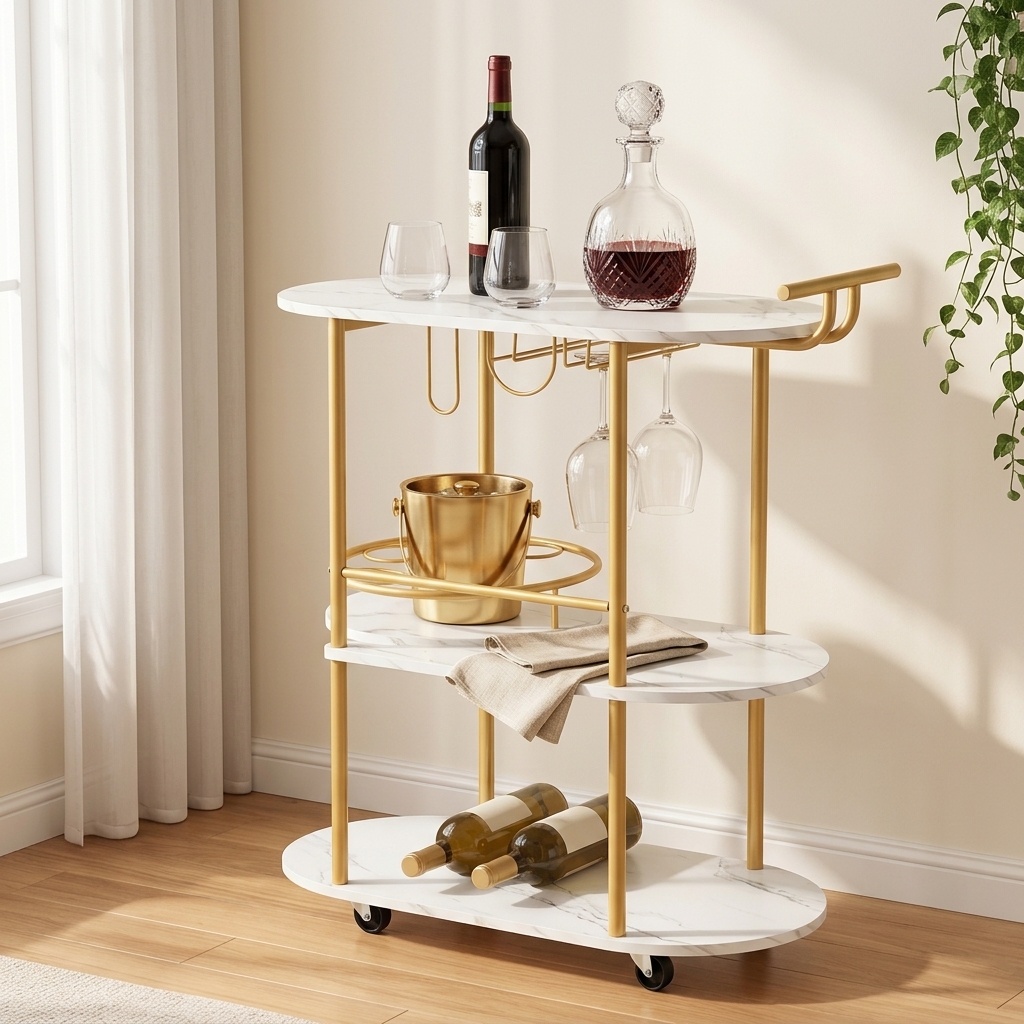 Three-quarter view of the gold bar cart showing the rotating middle tray, stemware rack and side handle